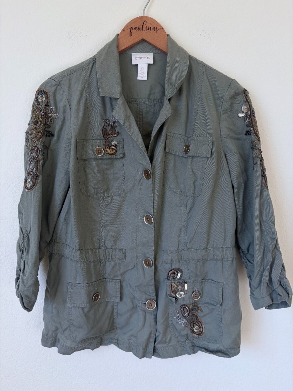 Chico's Jacket Womens 0 Small Olive Green Embroidered Beaded Lightweight Utility